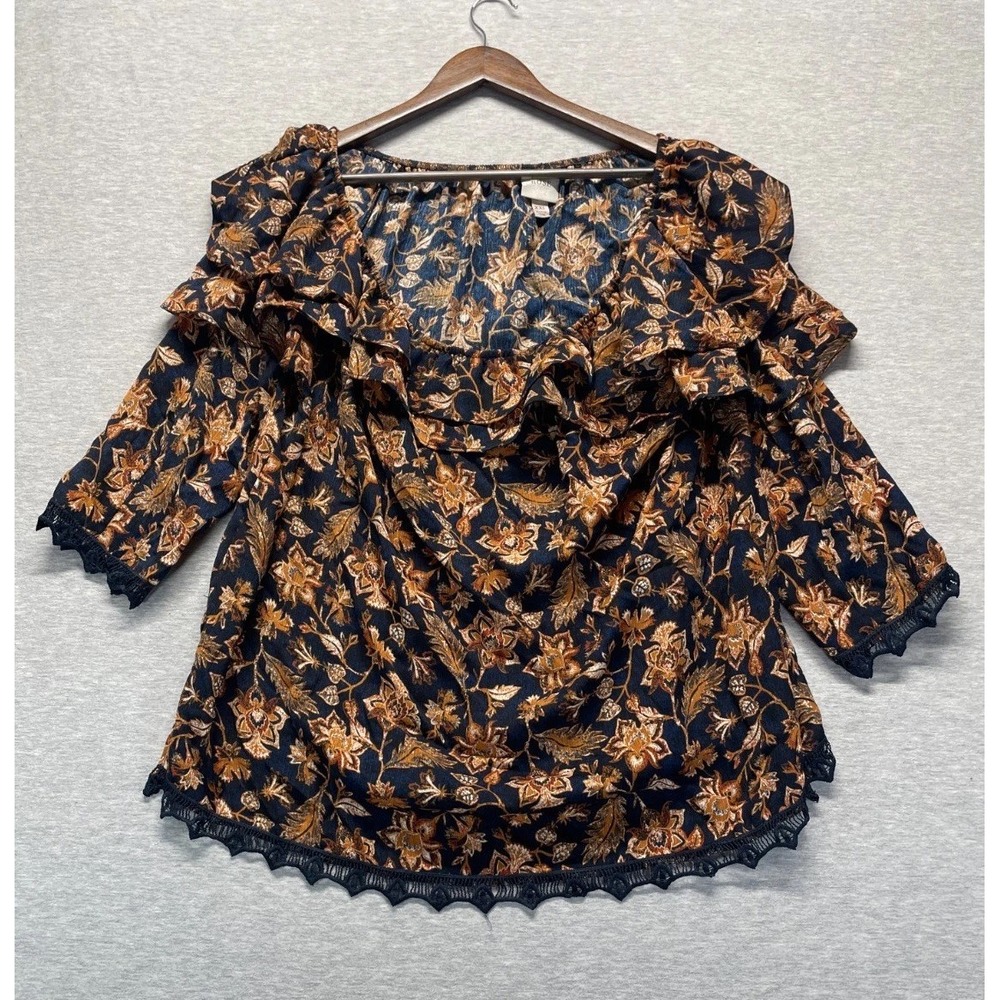 Knox Rose Blouse Top Womens 2XL Multi Floral Print Lace Trim Off The Shoulder
